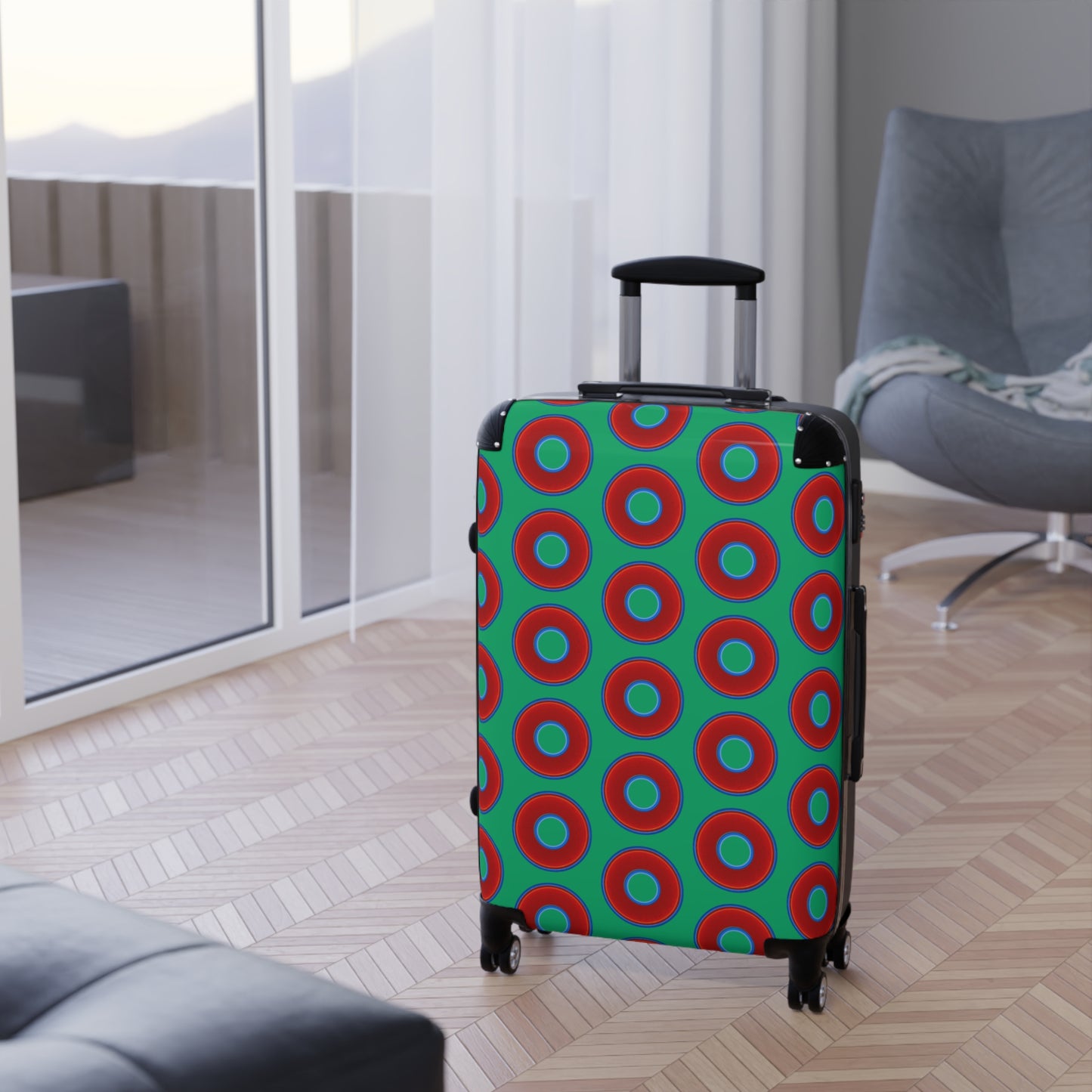 The Very Lumpy Donut Suitcase series - your choice of S, M or L - vivid red donut print w/jade green background