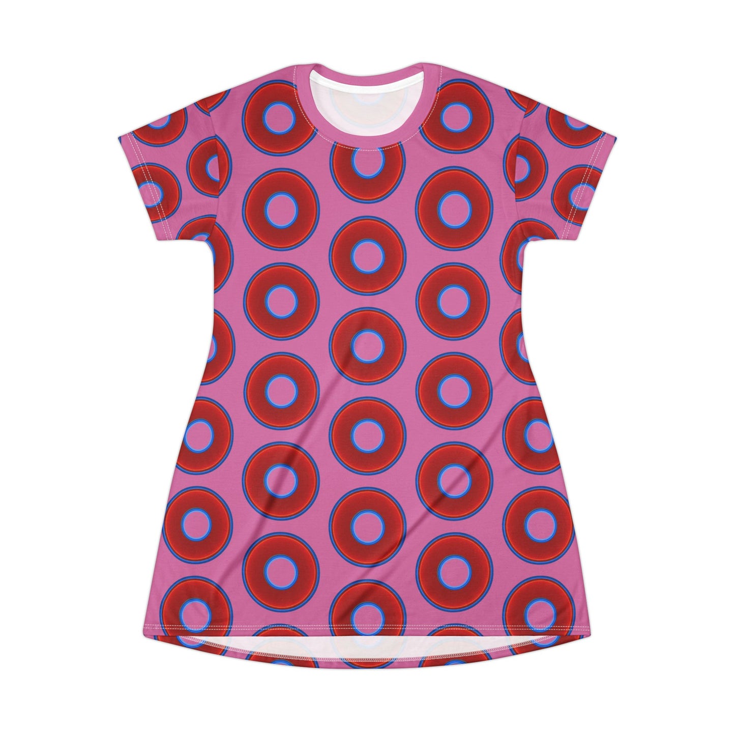 Not a Muumuu AOP Tee Shirt Dress - red vivid donuts w/pink background