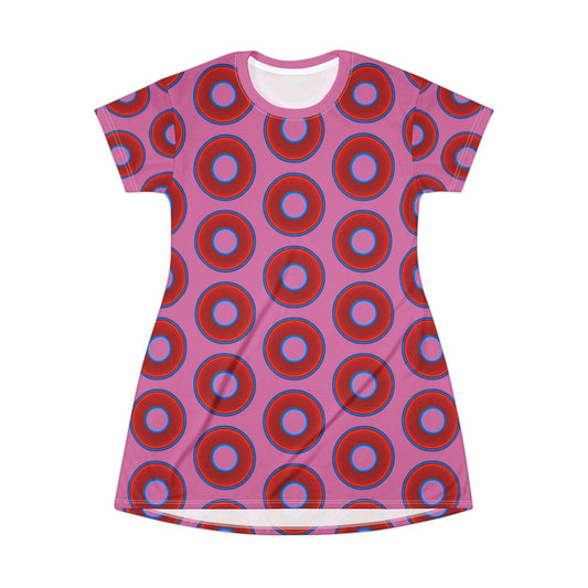 Not a Muumuu AOP Tee Shirt Dress - red vivid donuts w/pink background