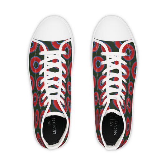 Men's High Top Chucks - large vivid red donut print w/deep forest green background