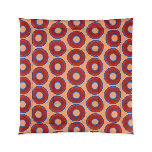 The Very Lumpy Comforter - vivid red donuts w/peach background