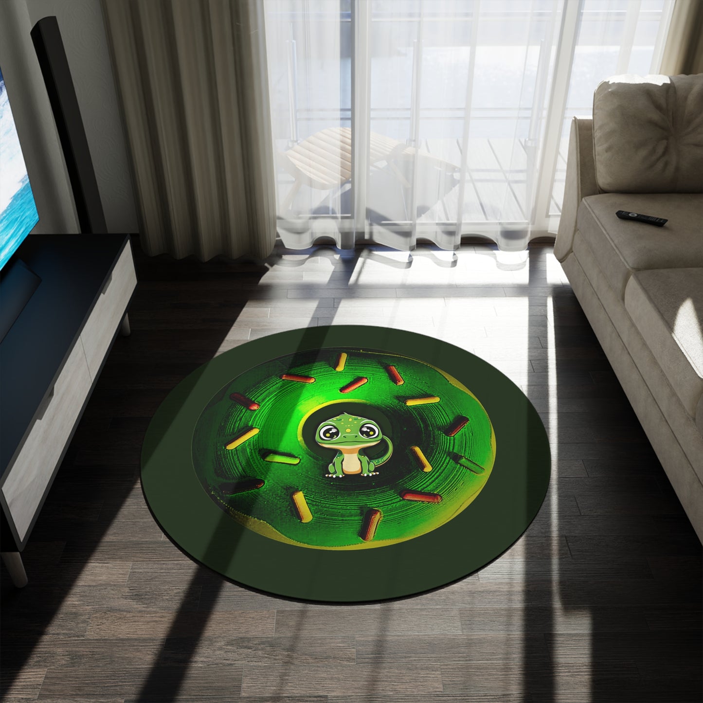 Round Room - 5 ft x 5 ft Lumpy Donut Rug - "Little Baby Rutherford's Donut Rug" - green Simspons donw w/navy background & sprinkles