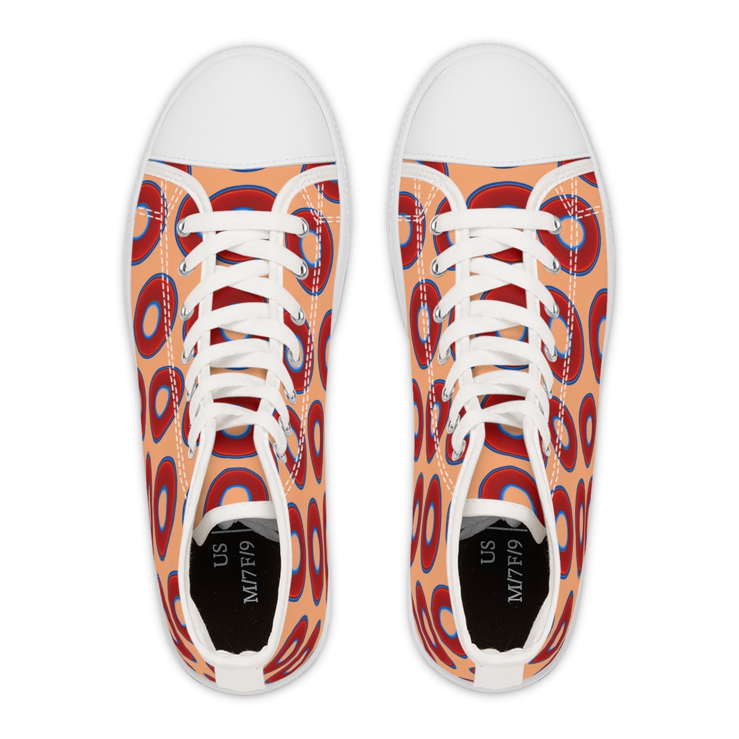 Women's High Top Chuck Taylors - large vivid red donut print w/peach background