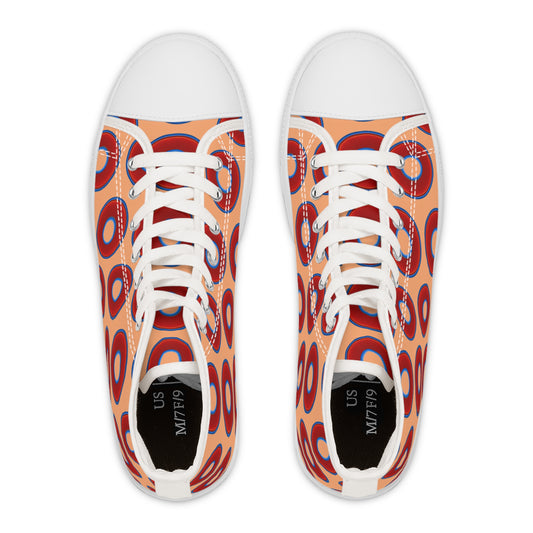 Women's High Top Chuck Taylors - large vivid red donut print w/peach background
