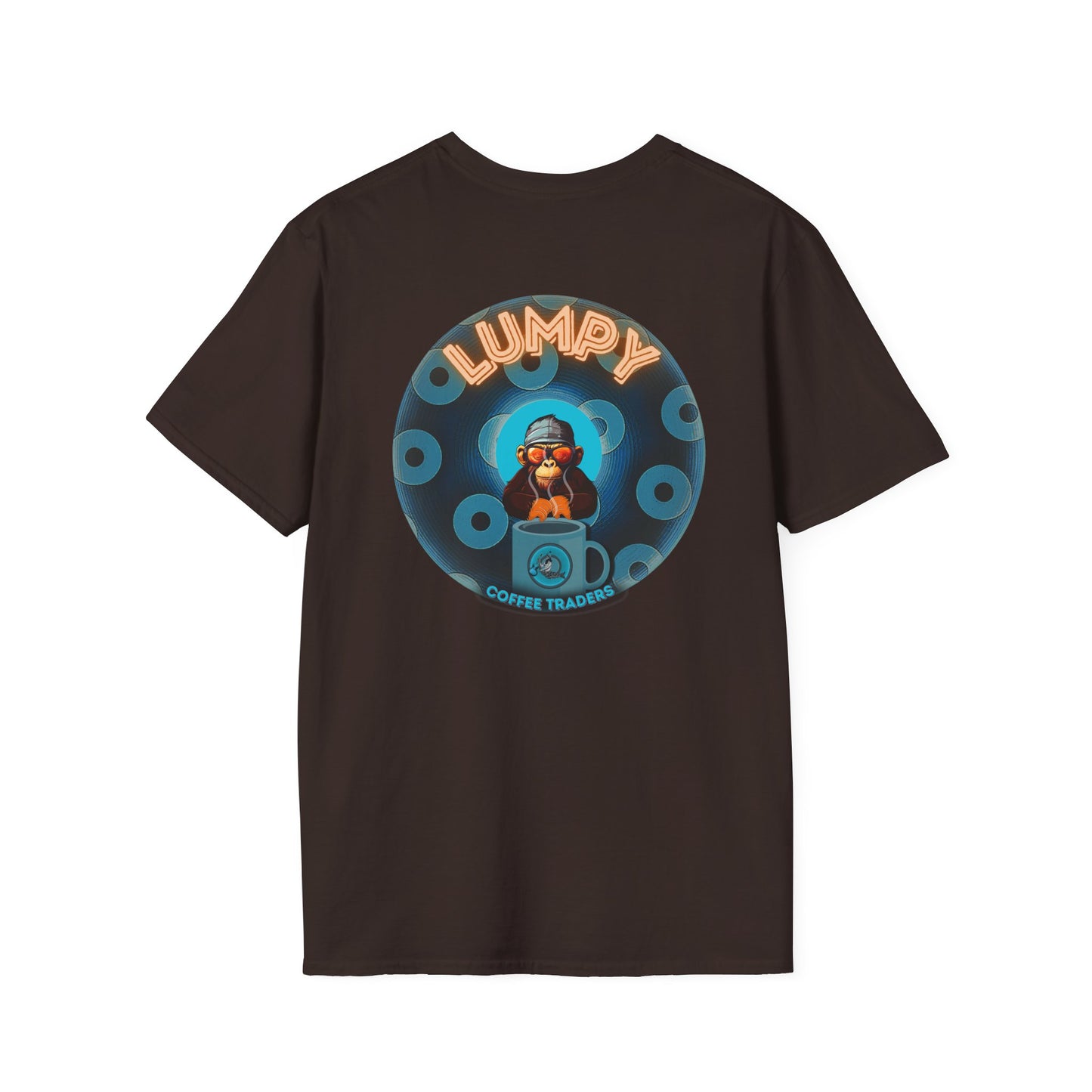 Lumpy Coffee Traders Tee - Unisex Soft-Style - "Good to Last Leaky Drop" - paradoxical donut - variant 2 - ocean donut front/logo back