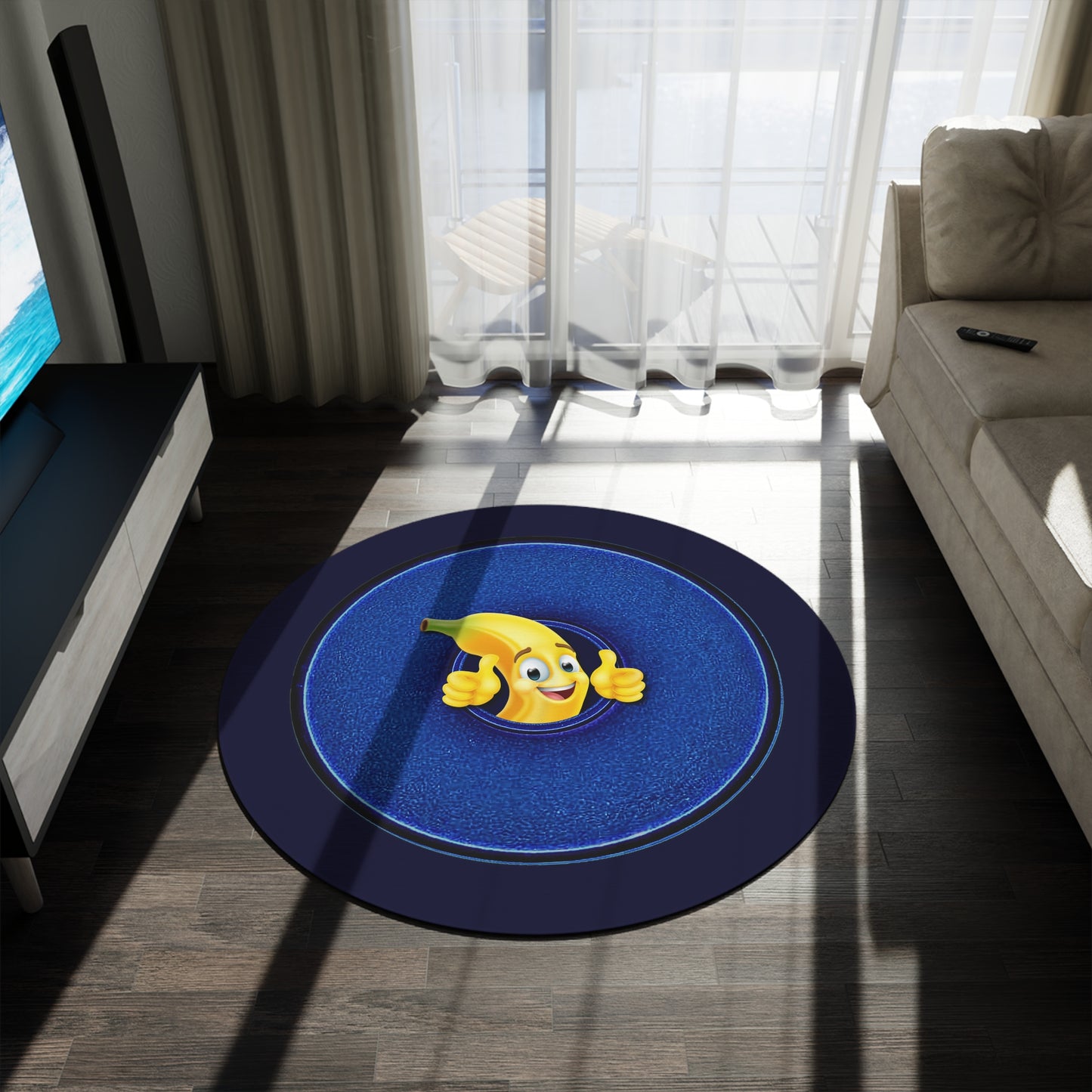 Round Room - 5 ft x 5 ft Lumpy Donut Rug - "Banana Bread Donut " - vivid blue donut w/midnight blue background - variant 5