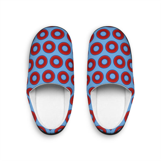 Women's Lumpy Slippers - red vivid donut print w/light blue background