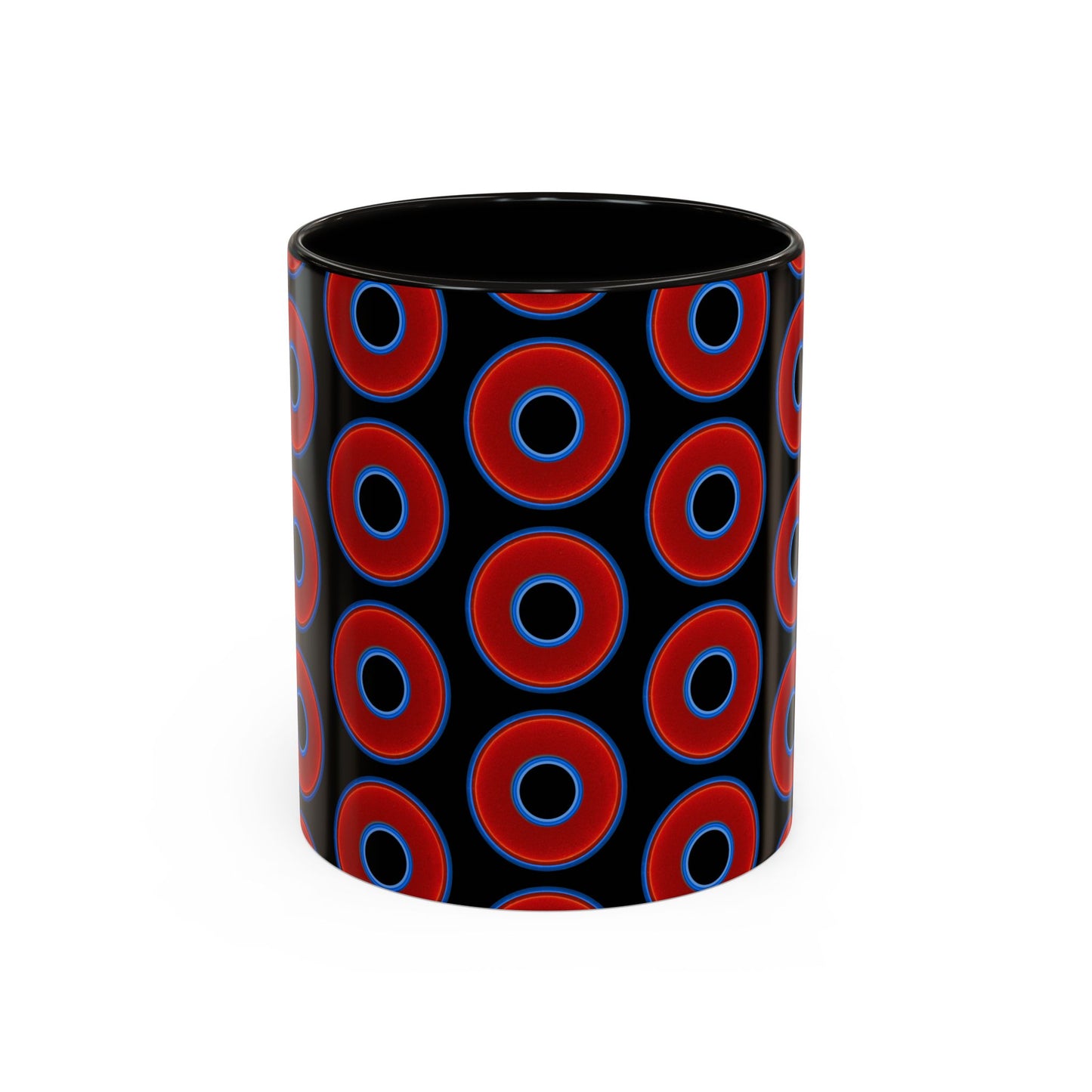 Lump's Grumpy Coffee Mug - vivid red donuts w/black background