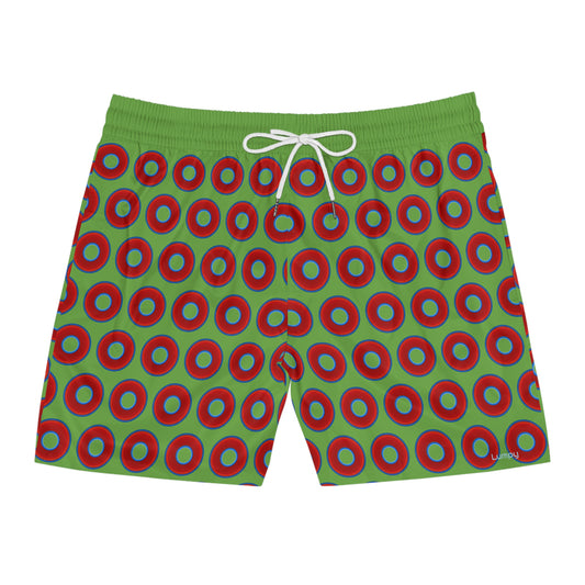 Men's Lumpy Swim Trunks - vivid red donut print w/light green background