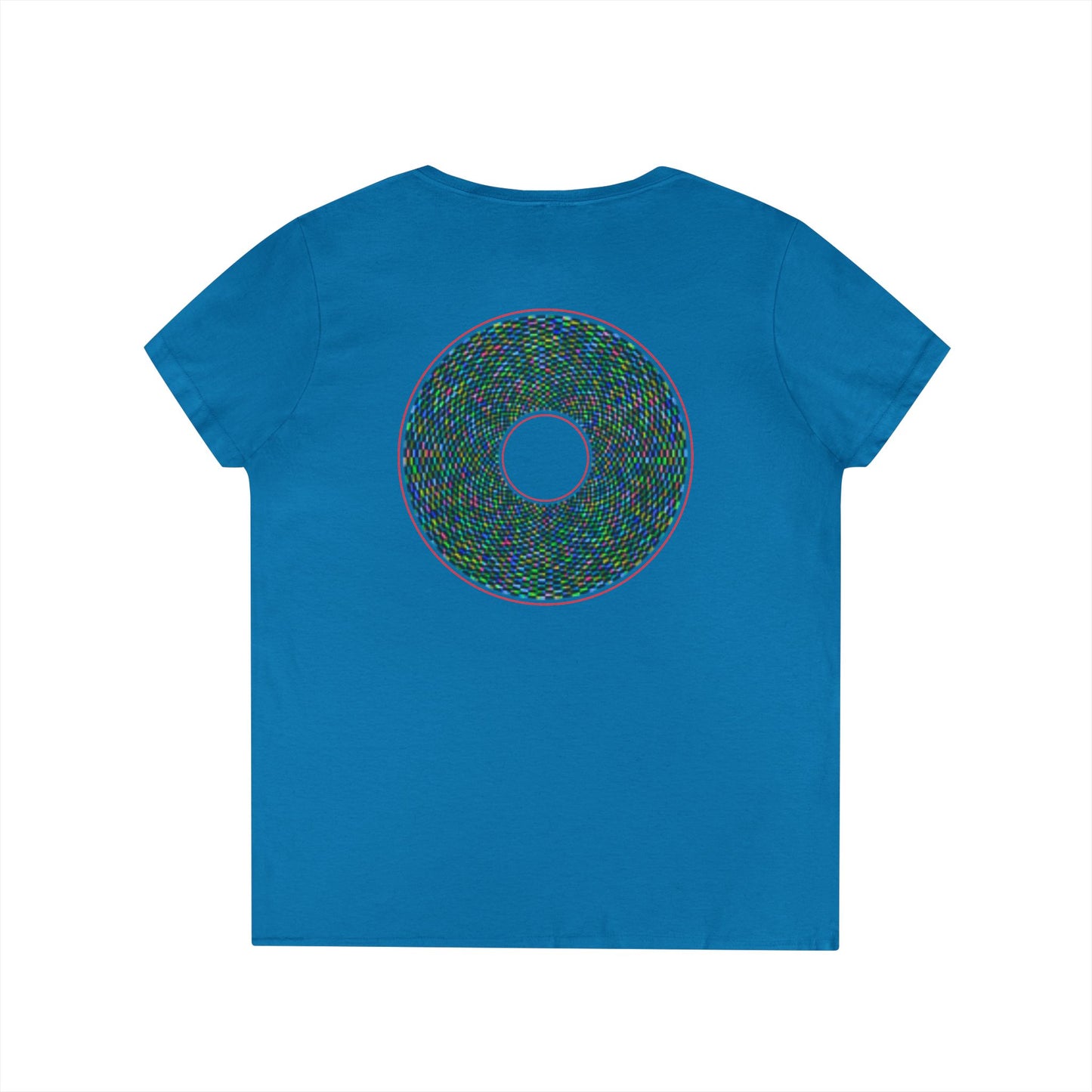 Women's Donut V-Neck Tee - "The Pixilated Donut" - multicolor pixel donut w/wide red outline