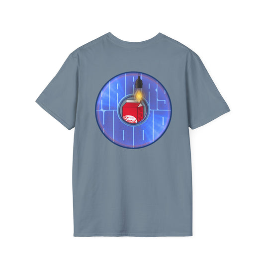 Classic Donut Tee - Unisex Soft-Style - "Harry Left His Donut Shirt" - series 1.0  - variant 4 - purple/blue donut - w/milk & light on
