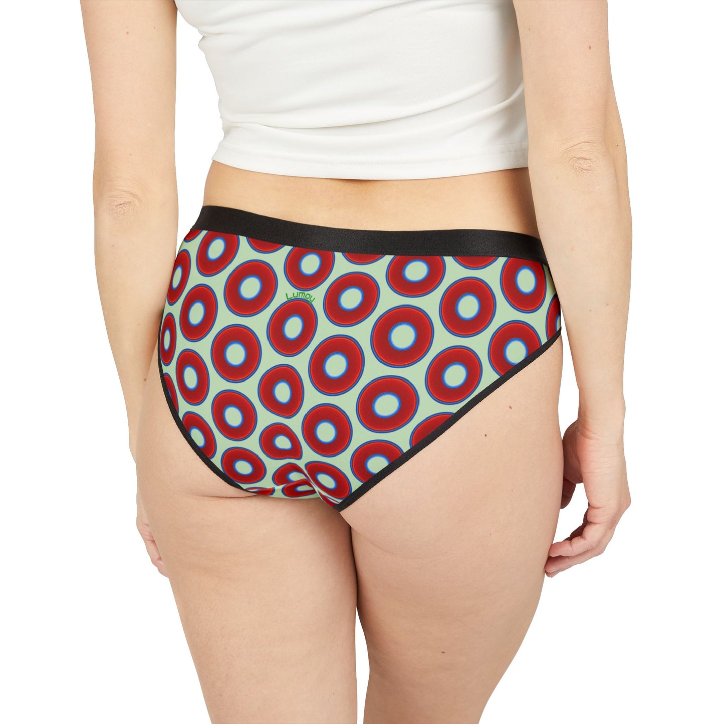 Lumpy Donut Underwear - vivid red donut print w/seafoam green background
