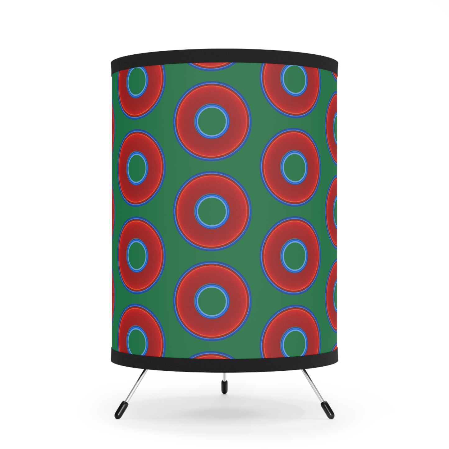 Lumpy Tripod Donut Lamp - vivid red donuts w/green background