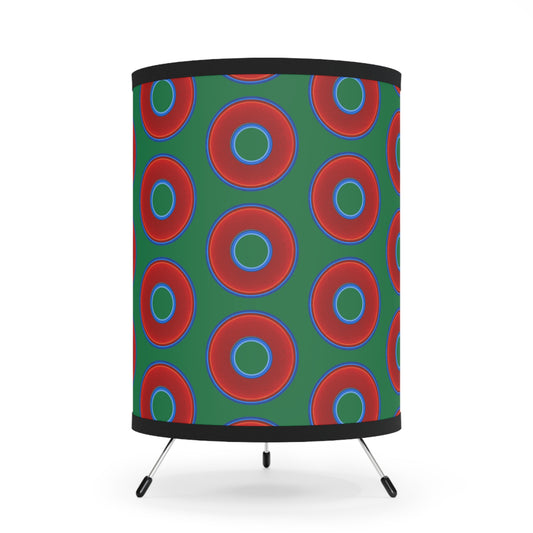 Lumpy Tripod Donut Lamp - vivid red donuts w/green background