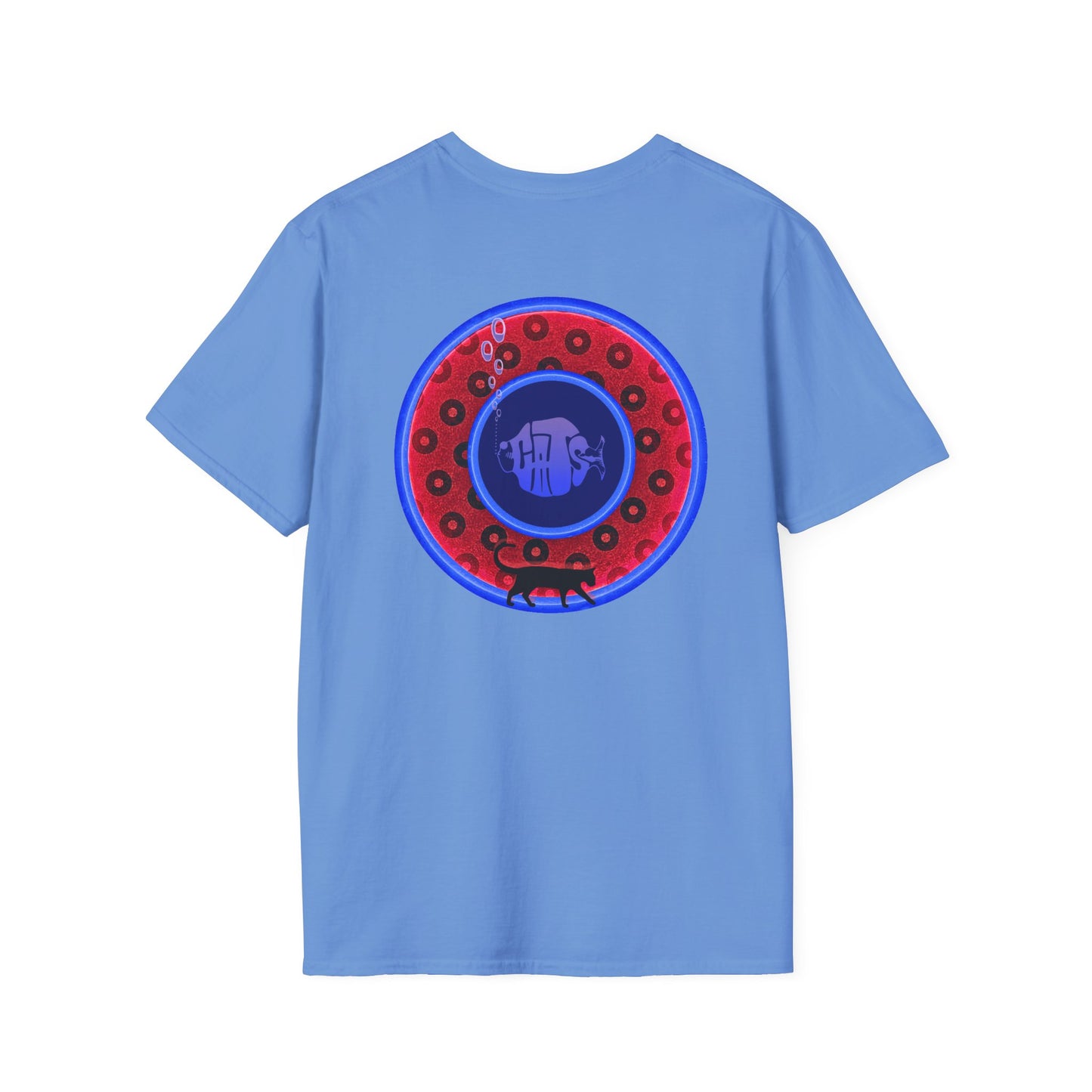 Classic Donut Tee - Unisex Soft-Style - "The Cat's Meow Donut' - red/blue paradox widemouthed donut