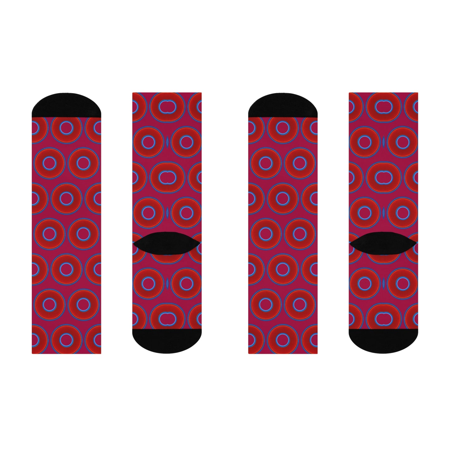 Lumpy Sox - cushioned crew - vivid red donut print w/dark magenta background