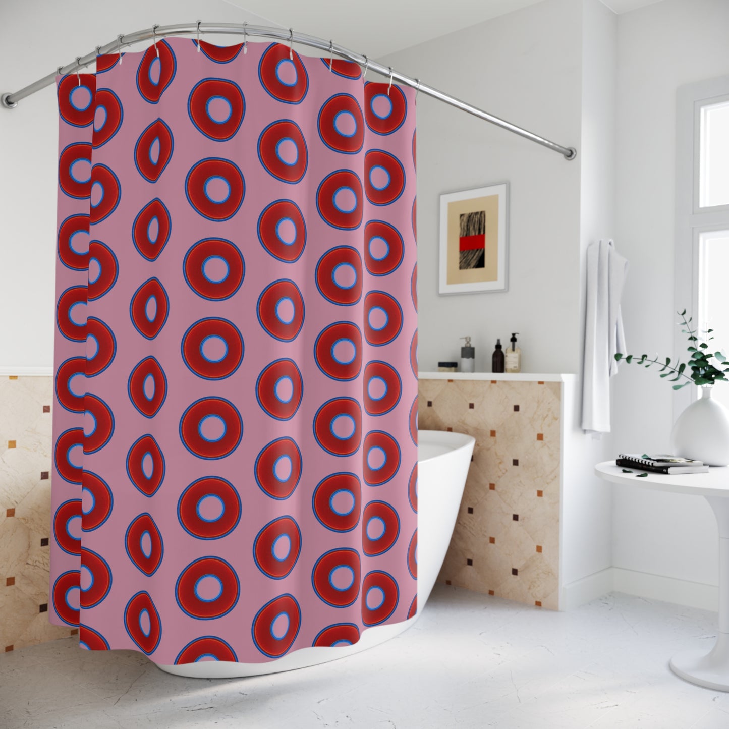 The Curtain With "Donuts" - Lumpy Bath Time Fun - vivid red donuts w/pale magenta background