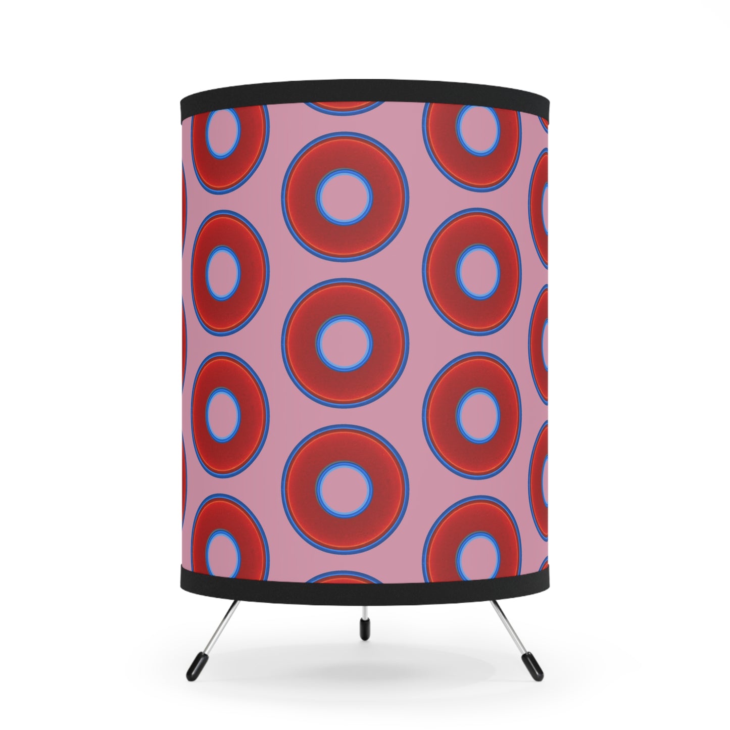 Lumpy Tripod Donut Lamp - vivid red donuts w/pale magenta background
