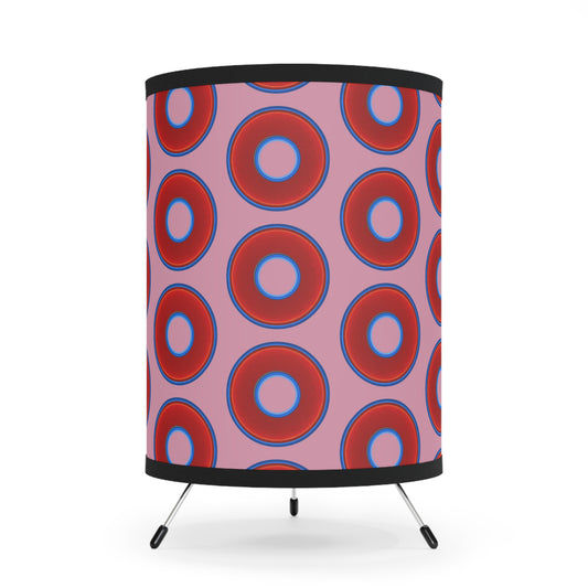 Lumpy Tripod Donut Lamp - vivid red donuts w/pale magenta background