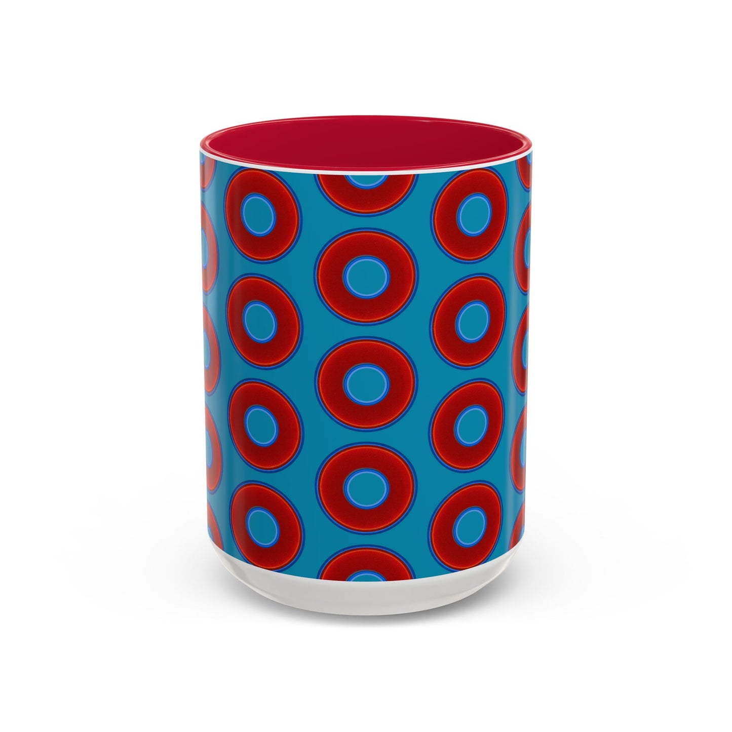 Lump's Grumpy Coffee Mug - vivid red donuts w/aquamarine blue background