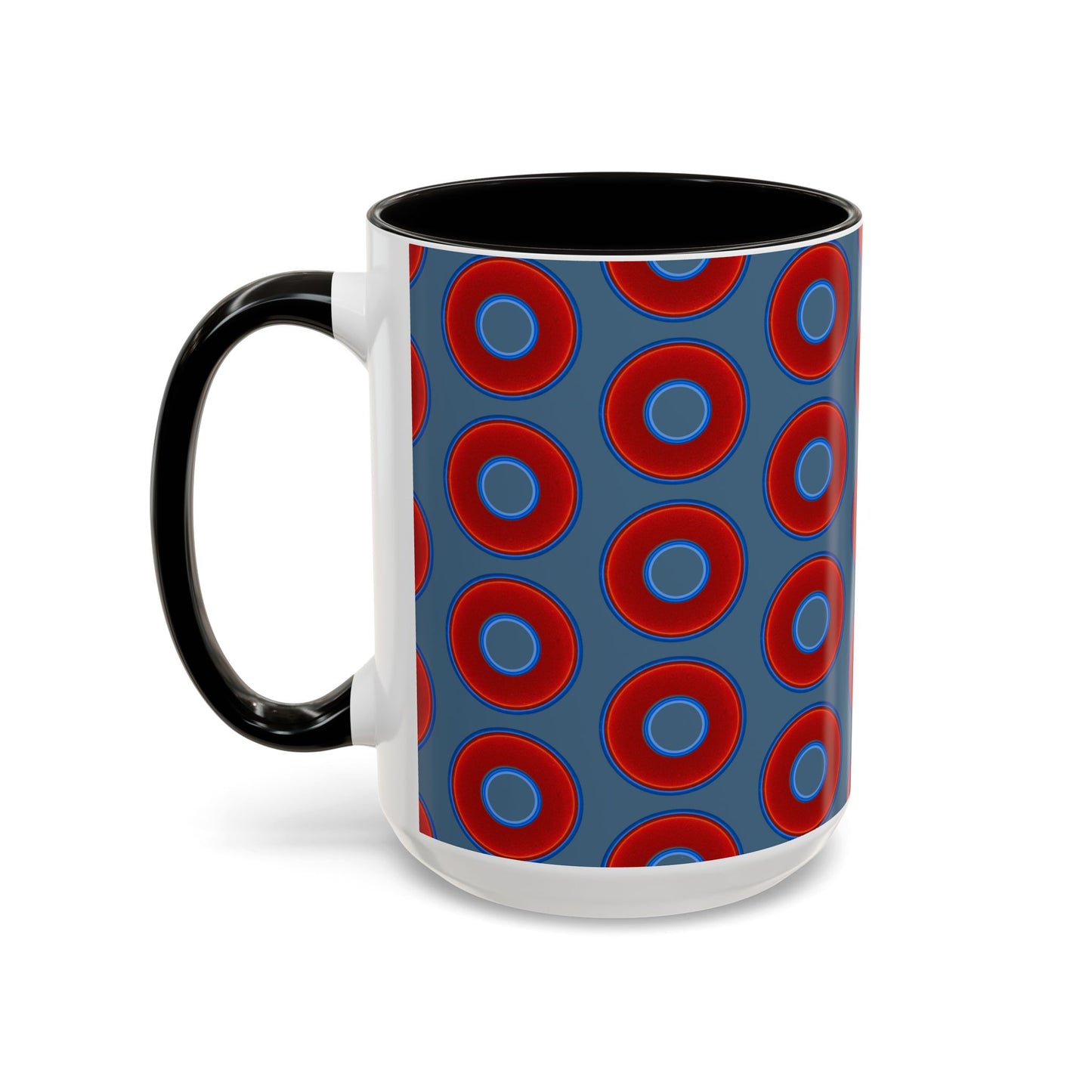 Lump's Grumpy Coffee Mug - vivid red donuts w/steel blue background