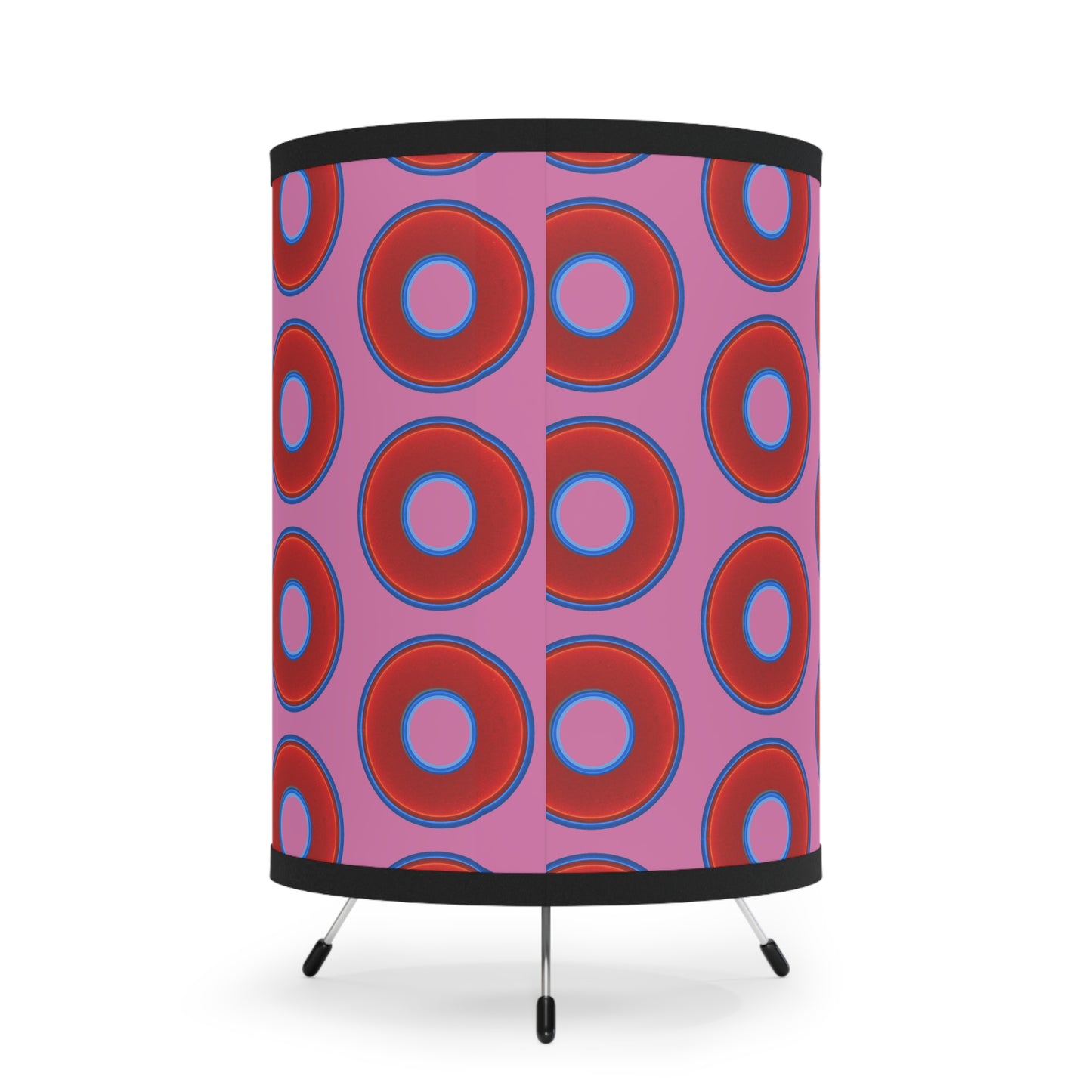 Lumpy Tripod Donut Lamp - vivid red donuts w/pink background