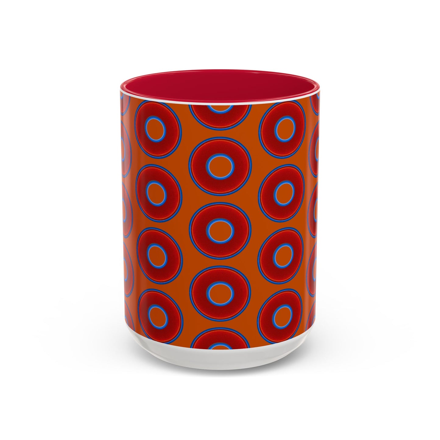 Lump's Grumpy Coffee Mug - vivid red donuts w/dark orange background