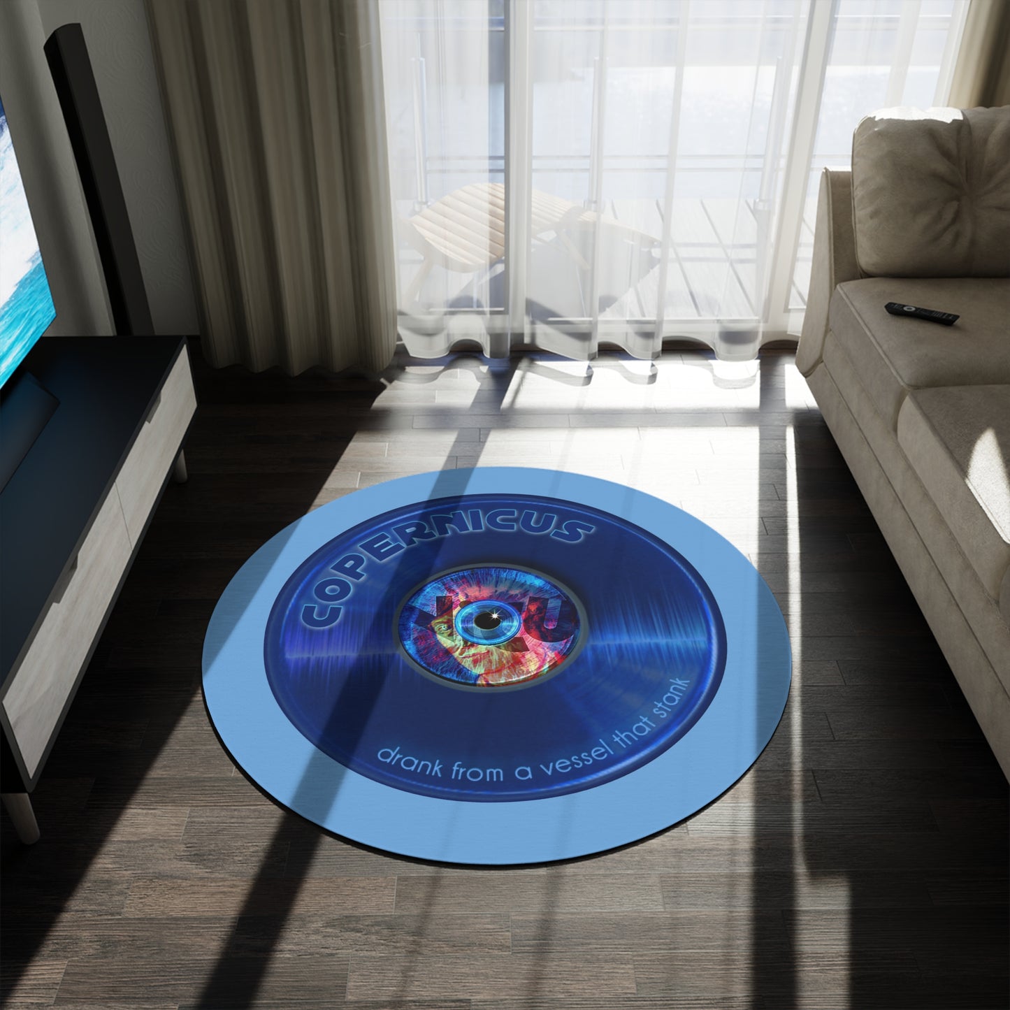 Round Room - 5 ft x 5 ft Lumpy Donut Rug - "Drunken Copernicus Donut Rug" -vivid blue record donut w/light blue background