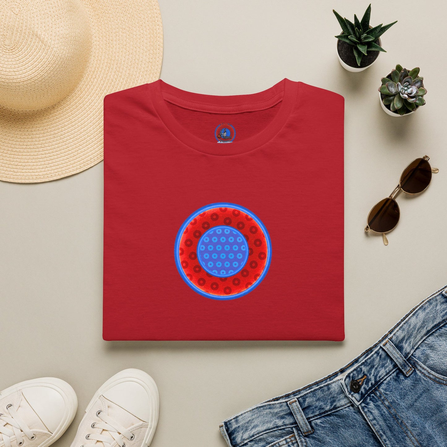 Classic Donut Tee - Unisex Soft-Style - "All You Can Eat Donut Platter" - red/blue paradoxical donuts