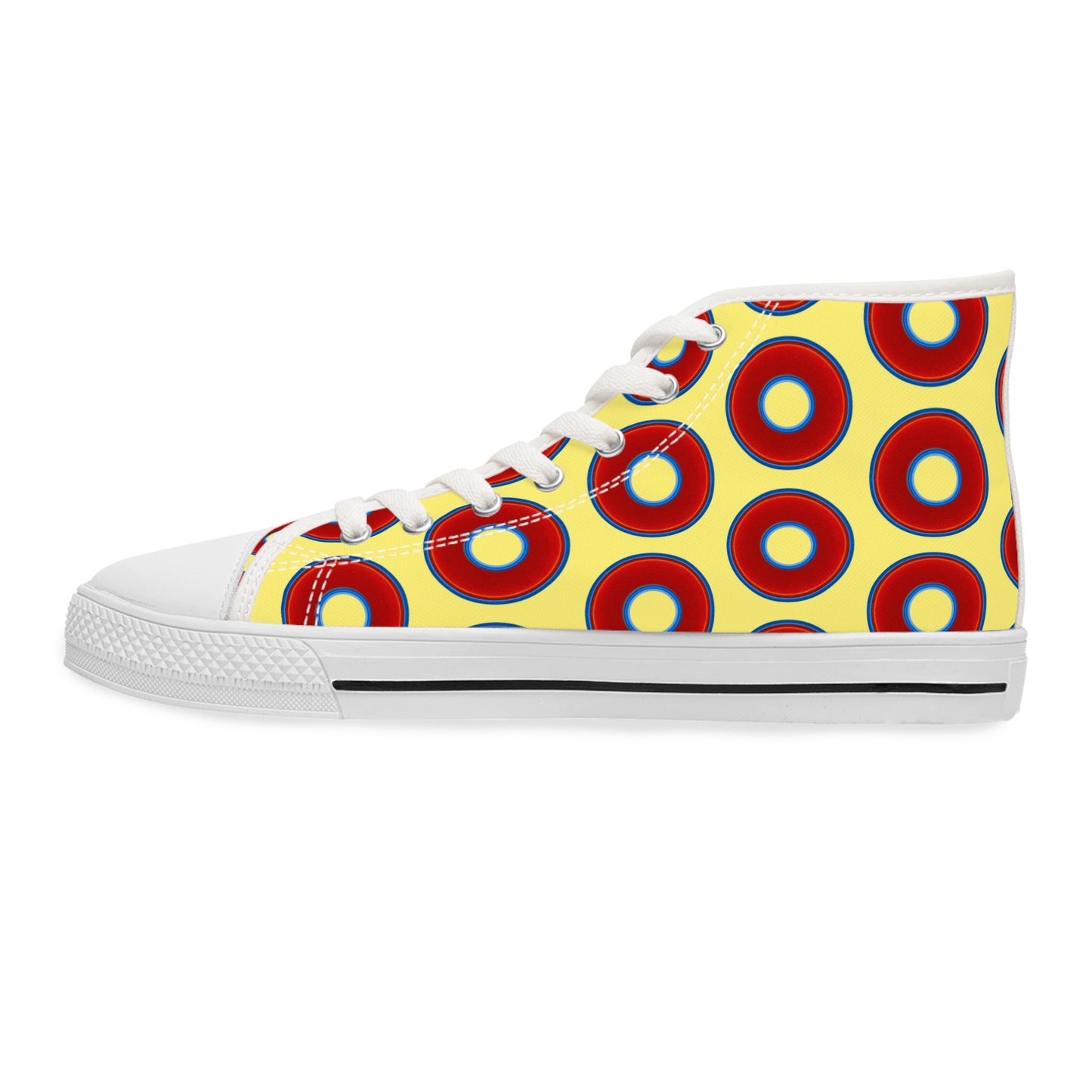 Women's High Top Chuck Taylors - large vivid red donut print w/yellow background