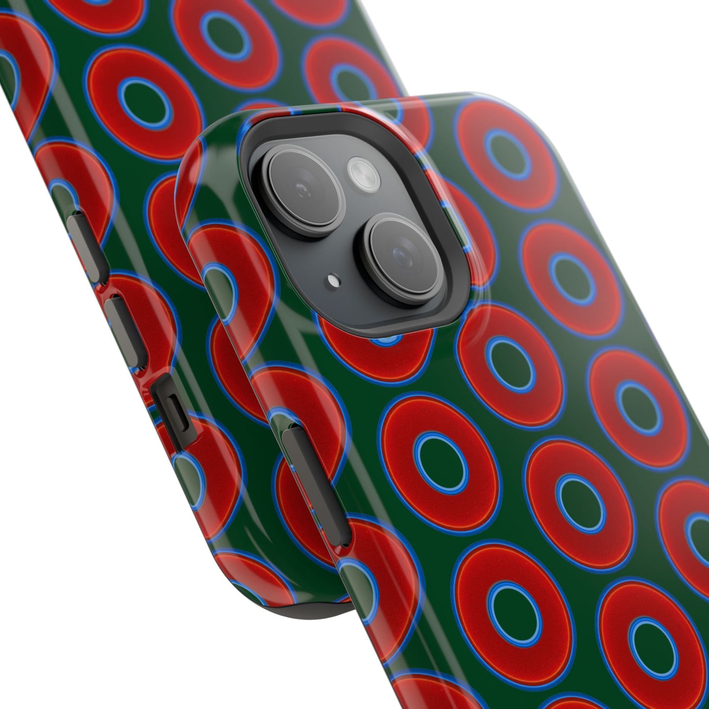 Magnetic Tough Donut Case - red vivid donut print w/deep pond green background