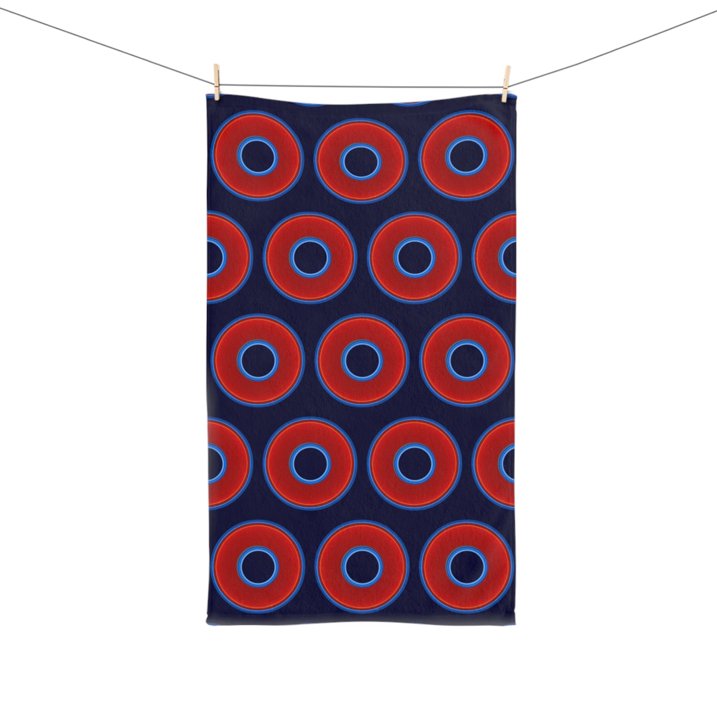 Lumpy Kitchen/Hand Towels - vivid red donuts w/midnight blue background
