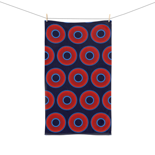 Lumpy Kitchen/Hand Towels - vivid red donuts w/midnight blue background