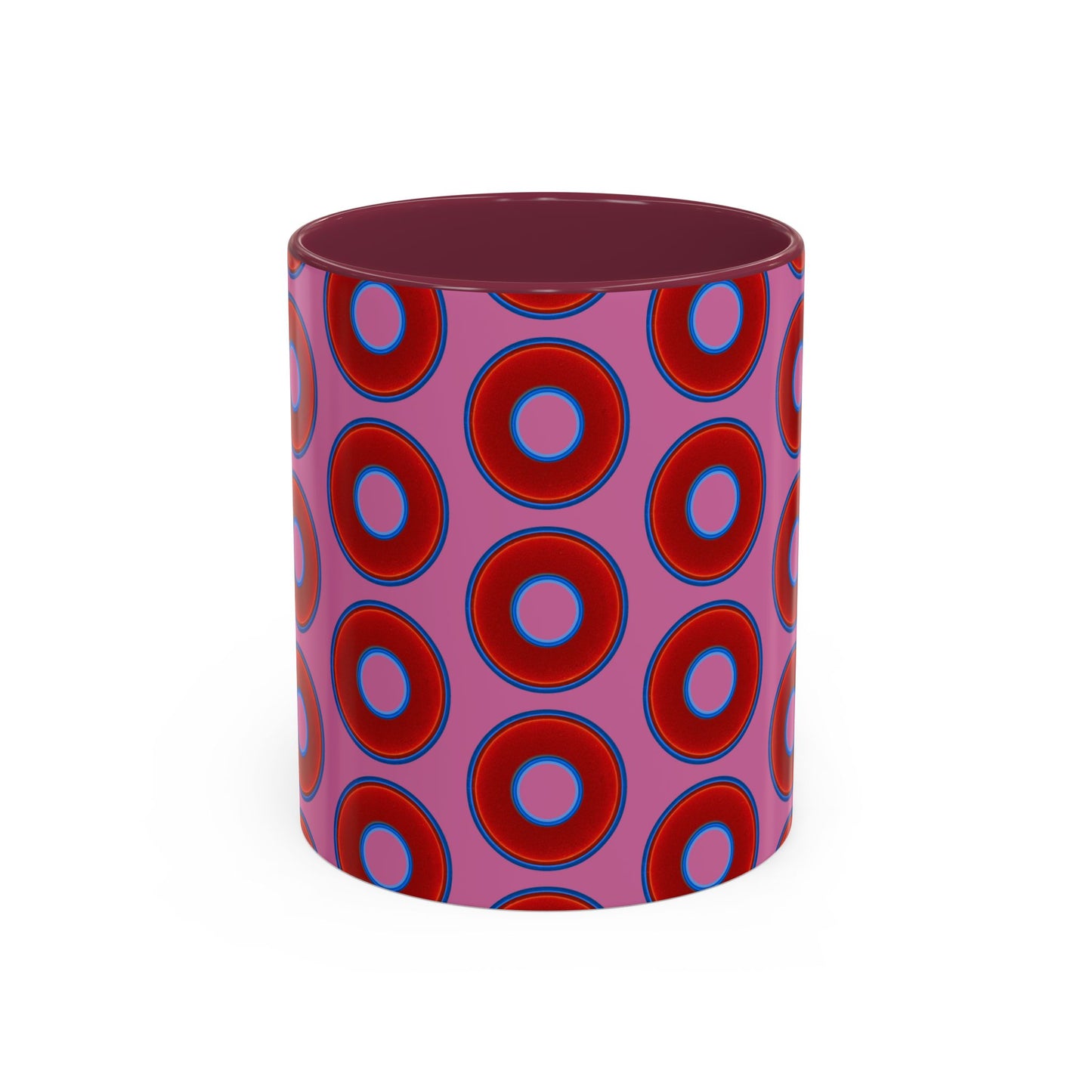 Lump's Grumpy Coffee Mug - vivid red donuts w/pink background