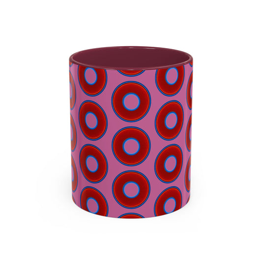 Lump's Grumpy Coffee Mug - vivid red donuts w/pink background