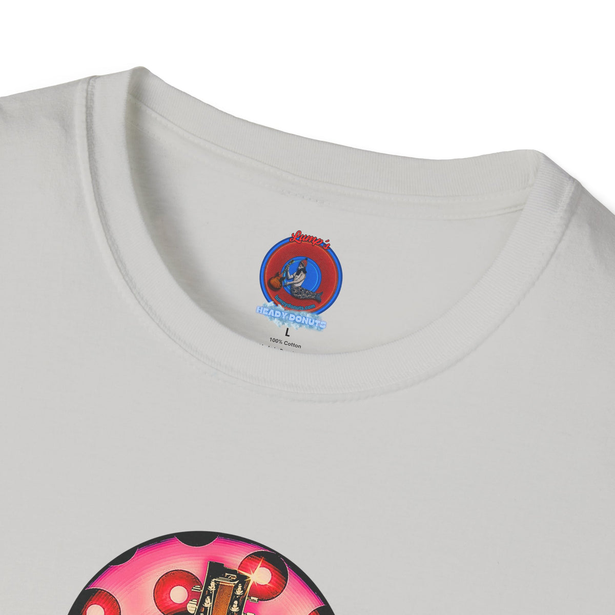 Classic Donut Tee - Unisex Soft-Style - "Would You Be My Donut?" - paradoxical faded magenta/red donut - variant 1