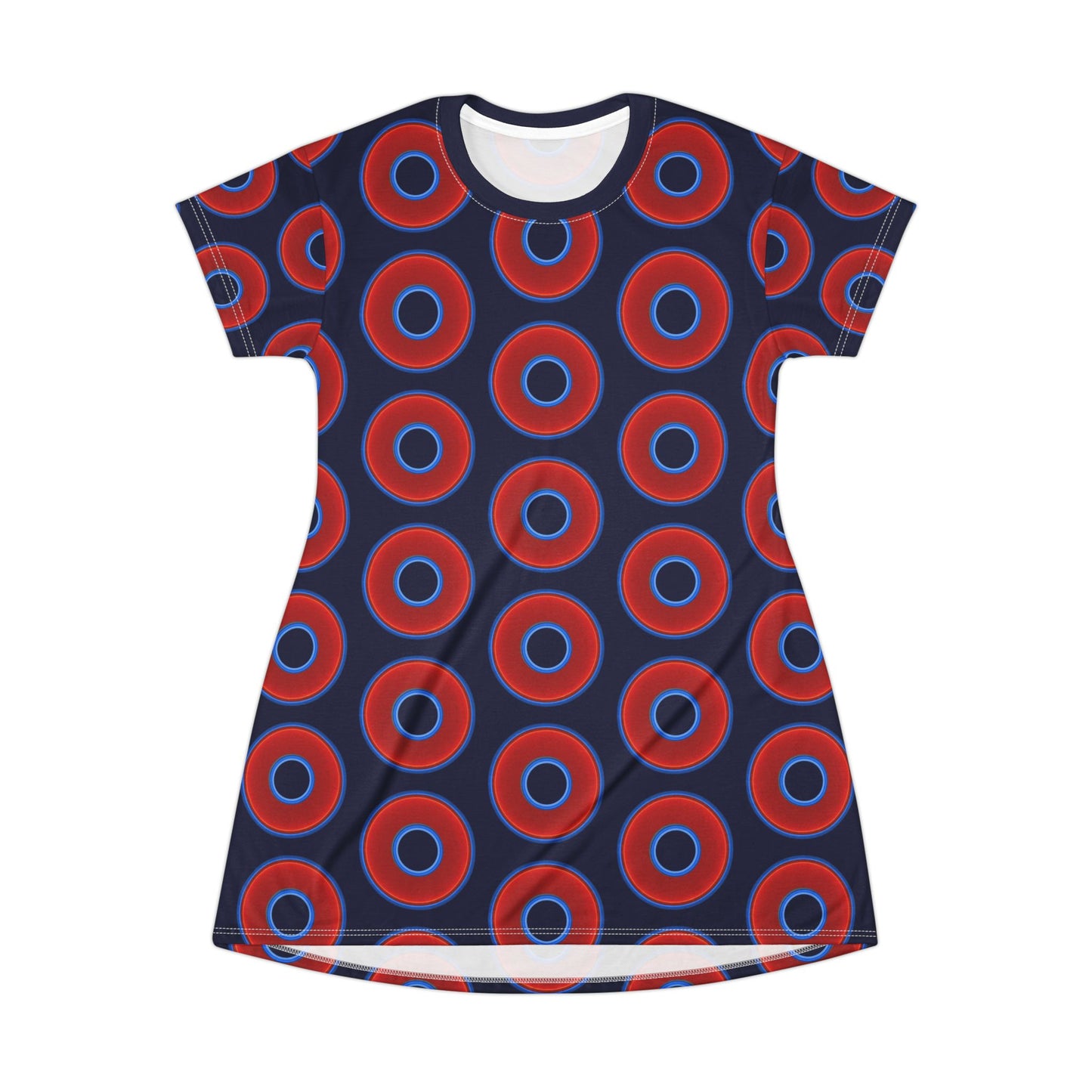 Not a Muumuu AOP Tee Shirt Dress - red vivid donuts w/dark navy blue background