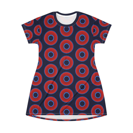 Not a Muumuu AOP Tee Shirt Dress - red vivid donuts w/dark navy blue background