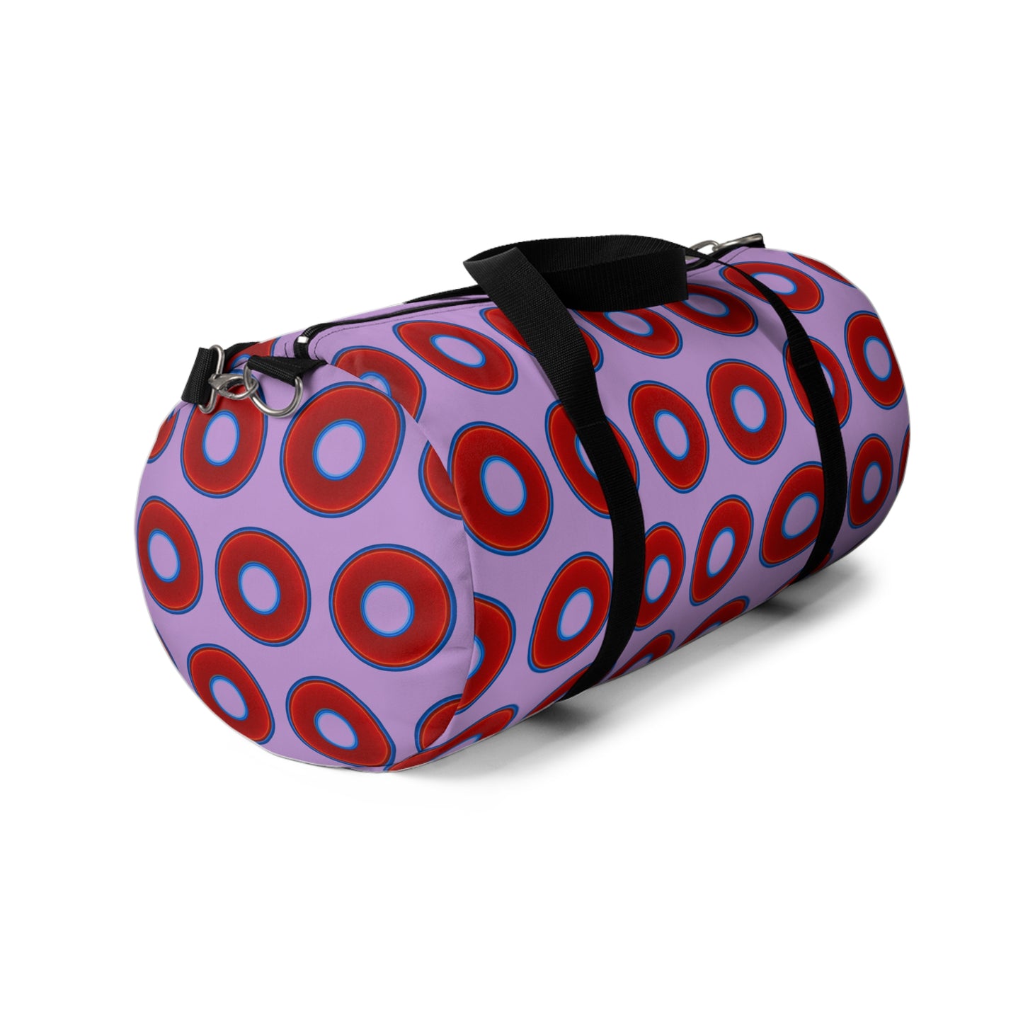 Lumpy Duffel - vivid red donuts w/wisteria purple background