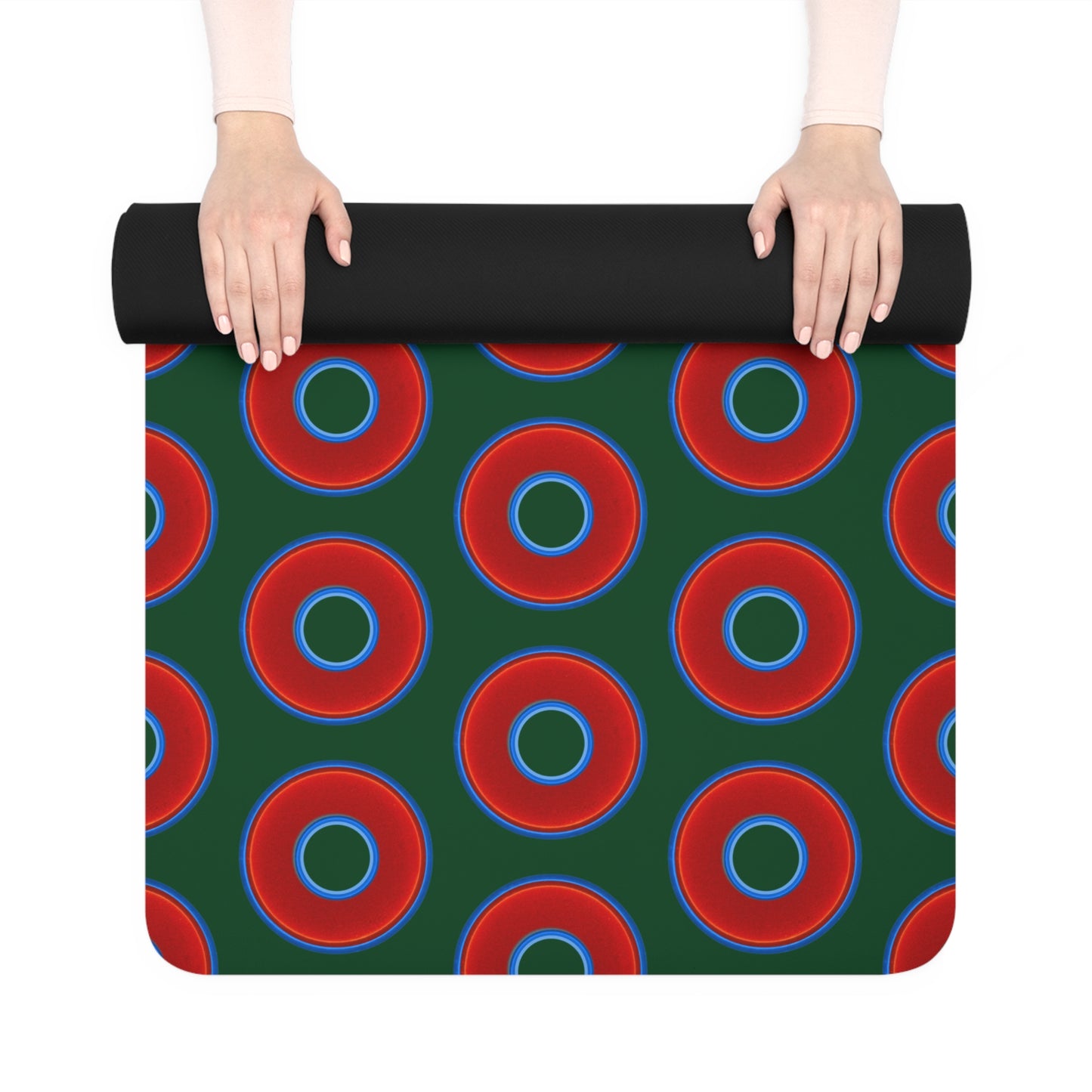 Lumpy Donut Yoga Mat :) - 24″ x 70" - vivid red donut print w/deep pond green background
