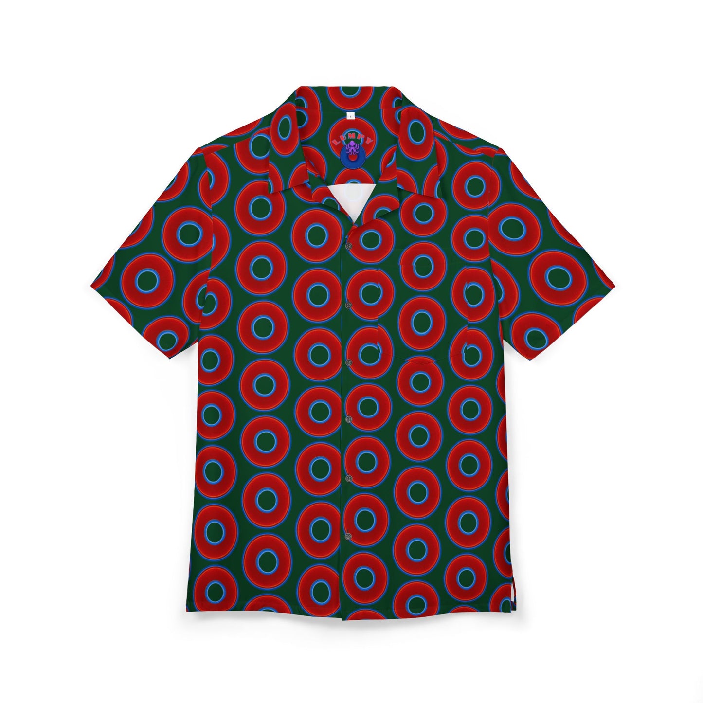 Wilson's 'Epic Hawaiian-Punch' Shirt - vivid red donut print w/deep pond green background [unisex]