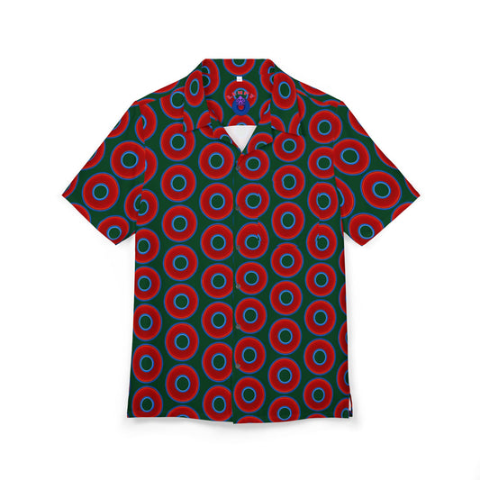 Wilson's 'Epic Hawaiian-Punch' Shirt - vivid red donut print w/deep pond green background [unisex]