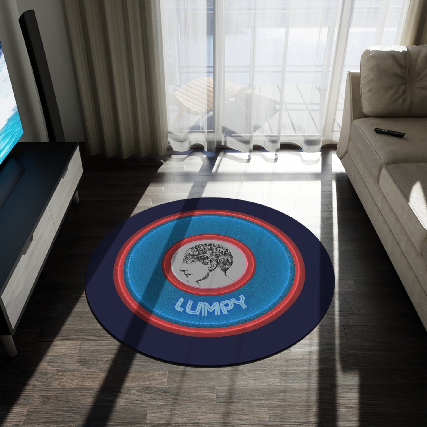 Round Room - 5 ft x 5 ft Lumpy Donut Rug - "The Lumpiest Donut Rug" - rustic blue/red donut w/dark navy background - variant 2