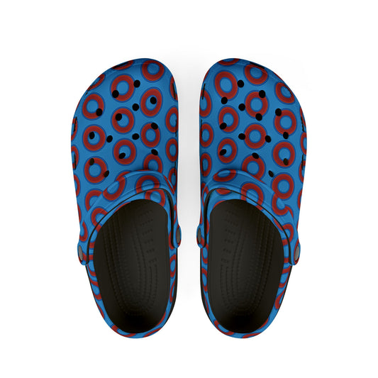 Spatchcocks - donut slip-on shoes - red rustic donuts w/sky royal blue background [unisex]