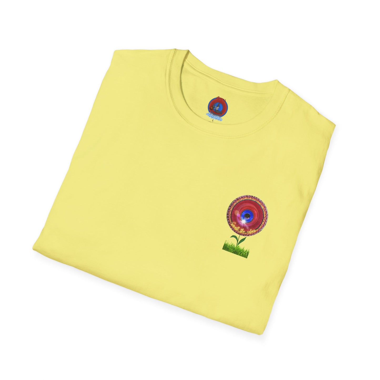 Classic Donut Tee - Unisex Soft-Style - "Smell the Donuts Outside on my Lawn"  " variant 2 - blue donut on red donut/flower