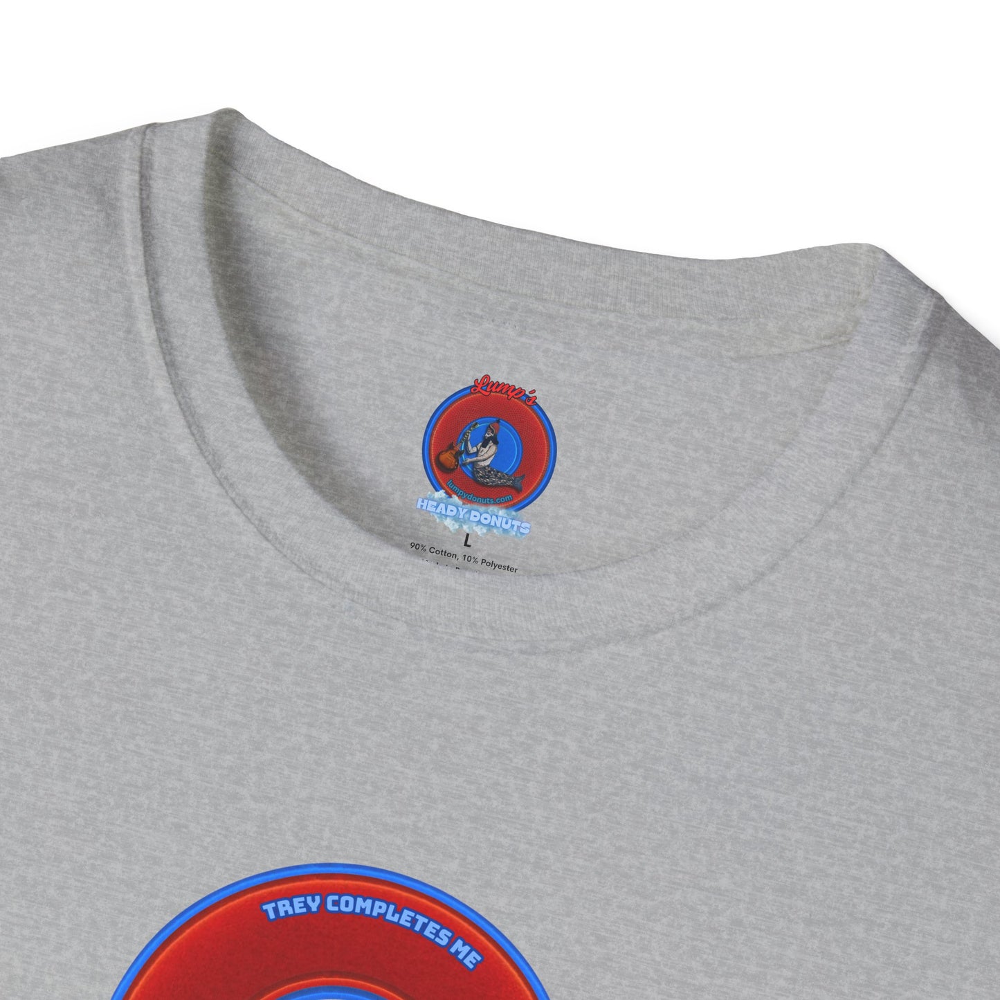 Classic Donut Tee - Unisex Soft-Style - "Trey's Completed Donut" - vivid red/blue donut