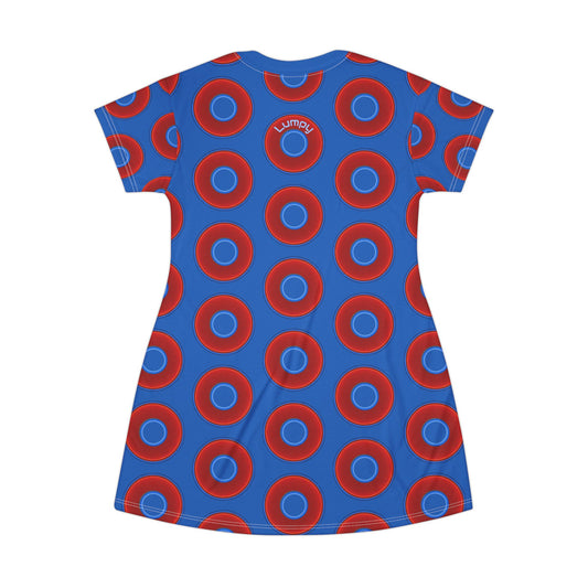 Not a Muumuu AOP Tee Shirt Dress - red vivid donuts w/dark royal blue background