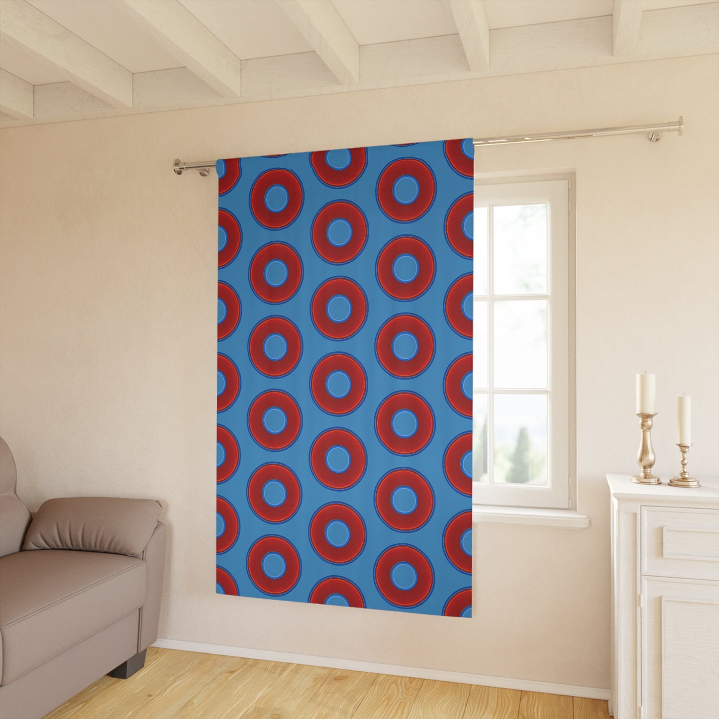 Lump's Heady Curtain w/Donuts - vivid red donut print - w/light steel blue - [*1 Piece / 50" x 84"]