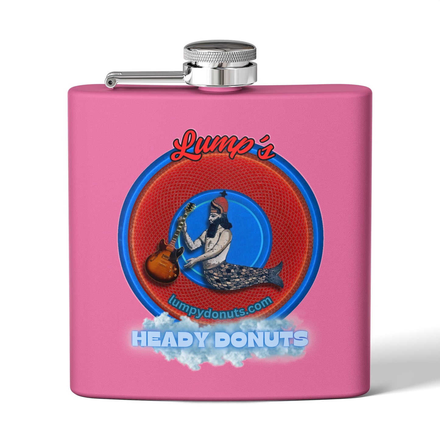 Lump's Donut Flask 6 oz -  "Lump's Heady Logo Flask" - red/blue rustic donut - [*w/your choice of 6 backgrounds]