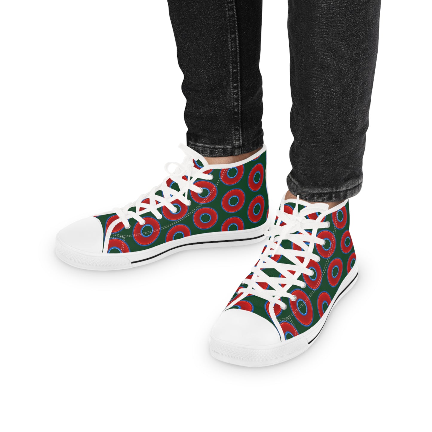 Men's High Top Chucks - large vivid red donut print w/deep pond green background